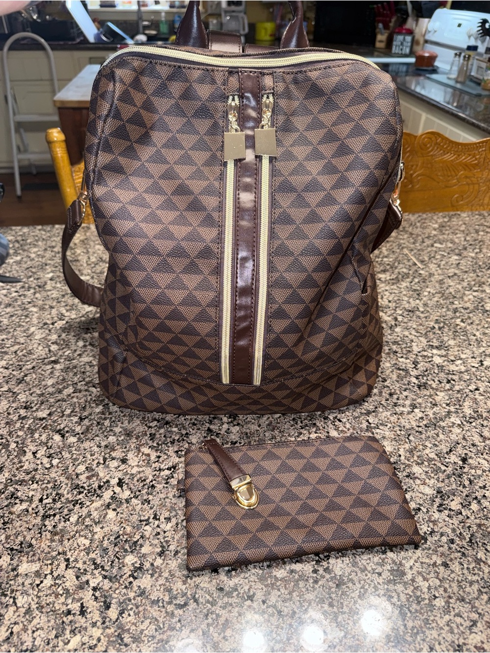 Brown Geometric Pattern Convertible Backpack - Picture 6 of 7